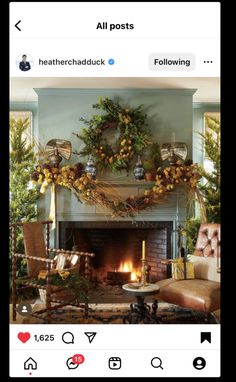 an image of a living room with fireplace and christmas decorations on the mantels