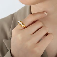 Style: Women Material: Titanium Steel, Imitation Pearl Pearl Type: Uncultured Pearl Color: White Pearl Shape: Round Ring Size: NO.7 Ring Gold And Silver, Pearl Ring Gold, Round Rings, Pearl Types, Pearl Color, Style Women, Women Trends, Ring Gold, Pearl Ring