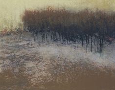 an abstract painting of trees in the snow