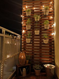 several potted plants are hanging on a wooden wall with string lights above the planters