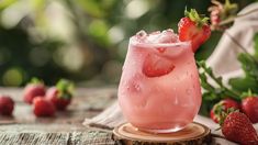 a pink drink with strawberries on the side sitting on a wooden table next to green leaves