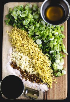 an assortment of ingredients on a cutting board