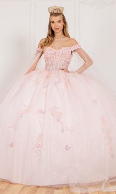 Off-the-shoulder quinceanera dress with glitter, 3D appliques, embroidery, and a detachable sheer cape. Butterfly Ball Gown, Beautiful Ballgown, Off Shoulder Ball Gown, Sweetheart Corset, Butterfly Applique, Toddler Flower Girls, Girls Dress Outfits, Quince Dress