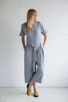 Linen Jumpsuit Motumo 17K3 / Handmade linen jumpsuit with | Etsy Everyday Scenes, Man And Nature, Jumpsuit With Belt, Womens Jumpsuits, Linen Jumpsuit, Touching Herself, Short Jumpsuit, V Neckline, Linen Dresses