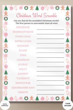 a christmas word scramble with pink and green ornaments