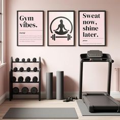 an exercise room with posters on the wall