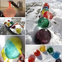 there are four pictures of different colored balls in the snow, and one is holding a spoon