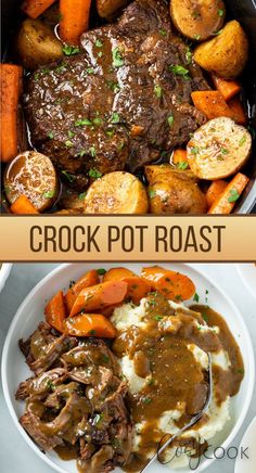 the crock pot roast with potatoes, carrots and gravy in it