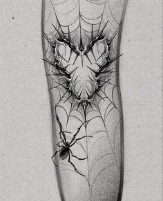 a black and white photo of a spider web tattoo on someone's calf leg