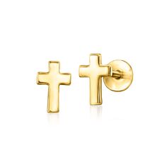 Ross-Simons - 14kt Yellow Gold Cross Flat-Back Stud Earrings. RS Pure. Modern designs that complete your outfit and complement your personality. Keep faith in your fashion with our dainty cross stud earrings. Crafted in 14kt yellow gold, this simple pushpin style features a flat back that won't poke or jab while you're taking a quick nap or getting a full night of beauty sleep. Insert the backing first into a pierced ear, then slide the front post inside to secure. Designed for 24/7 wear, these Cross Stud Earrings, Hogwarts Dr, Pierced Ear, Cross Earrings Studs, Flat Back Earrings, Makeup Clothes, Beauty Sleep, Fine Jewelery, Jewelry Essentials