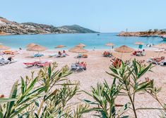 many umbrellas and chairs on the beach with people swimming in the water behind them