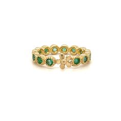 Our beautiful hand-made Jasmine band with Emerald gemstones adorned by a single flower is set in 18k gold! Stack it with our other Jasmine bands, Wildberry bands or Iris Marquis bands, or by itself! 18k Yellow Gold Emerald Gemstones Gold Flower in band Size 6 1/2 *Please contact us at info@laurensigmancollection.com to inquire about alternative sizes. It can be made in any size. LS Collection 14k Yellow Gold Eternity Band With Birthstone, Yellow Gold 14k Eternity Band With Birthstone, Luxury Stackable May Birthstone Jewelry, Adjustable Yellow Gold Emerald Ring, Stackable Flower Ring In Yellow Gold, Wild Berry, Single Flower, Gold Flower, Emerald Gemstone