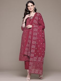 Bandhani Printed Mirror Work Pure Cotton Kurta With Trousers & Dupatta PRODUCT DETAILS  Maroon printed Kurta with Trousers with dupatta Kurta design: Bandhani printed Straight shape Regular style Tie-up neck, three-quarter regular sleeves Mirror work detail Calf length with straight hem Pure cotton machine weave fabric Trousersdesign: Solid Trousers Elasticated waistband Slip-on closure Size & Fit The model (height 5'8) is wearing a size S Material & Care Pure Cotton Machine Wash Specifications Red Printed Traditional Unstitched Suit, Traditional Red Printed Unstitched Suit, Red Traditional Printed Unstitched Suit, Traditional Semi-stitched Printed Palazzo Set, Festive Unstitched Batik Print Sets, Festival Cotton Unstitched Printed Suit, Festival Cotton Printed Unstitched Suit, Festive Batik Print Sets For Navratri, Traditional Printed Unstitched Suit For Festivals