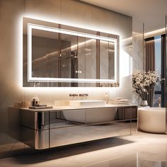 a bathroom with a sink, mirror and bathtub in the middle of the room