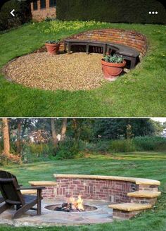 an outdoor fire pit with benches and potted plants on it, in the middle of a yard