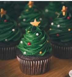 Dark green frosting Jul Kaka, Christmas Cupcakes Recipes, Christmas Tree Cupcakes, Christmas Cake Designs, Bakery Ideas, Christmas Food Desserts, Christmas Feeling, Christmas Cupcakes, Christmas Snacks