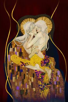 a painting of two women hugging in front of a dark background with gold and purple lines