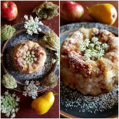 two pictures of pastries on plates with fruit in the background and powdered sugar sprinkled over them