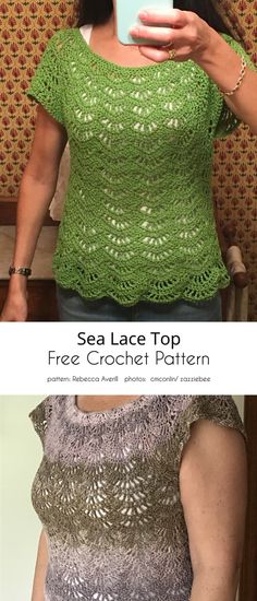 a woman holding a cell phone while wearing a crochet top and jeans with the text sea lace top free crochet pattern