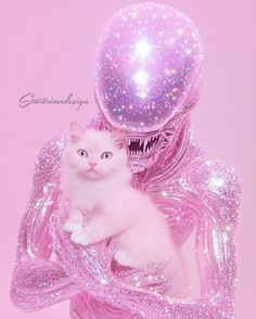 a white cat sitting on top of a pink bag with shiny balloons in the background