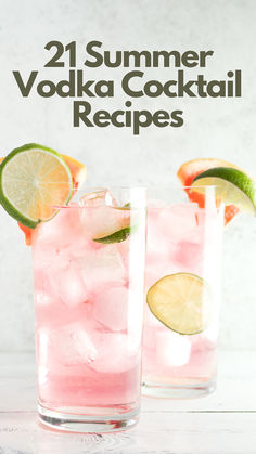 two glasses filled with pink lemonade and limeade cocktails on top of a white table