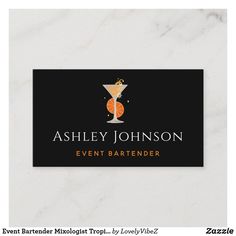 a business card with an orange martini on it and the words event bartender in black