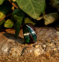 Fumed Eucalyptus with Crushed Dark Green Opal and Stainless Steel on Dark Green Core Bentwood Ring, Wood Ring for Men, Wood Ring Dark Green Core, Green Core, Bentwood Rings, Wood Ring, Green Opal, Ring For Men, Wood Rings, Wedding Jewelry Sets, Wedding Stuff