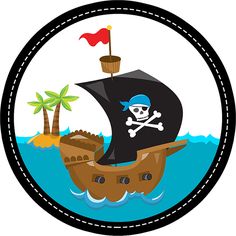 a pirate ship with a skull and crossbones sailing in the ocean, surrounded by palm trees