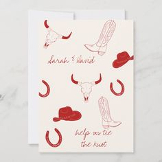 a card with red and white cowboy themed items on it, including a cowgirl's hat