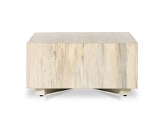 the side table is made out of wood and has a white marble finish on top