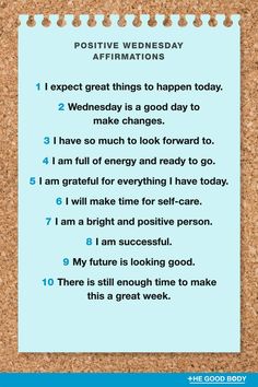 10 Positive Wednesday Affirmations on Blue Note Paper with Corkboard Collage Notes, Monday Affirmations, Week Motivation, Healthy Living Inspiration, Daily Positive Affirmations