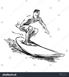 a man riding a surfboard in the ocean on a wave hand drawn sketch illustration