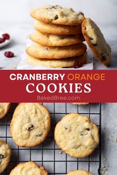 cranberry orange cookies stacked on top of each other with the title above it