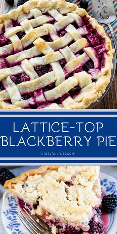 lattice - top blackberry pie on a plate with a fork