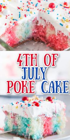 the fourth of july poke cake has been made with red, white and blue sprinkles