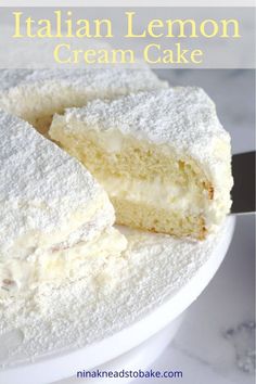 A cake slice being lifted from the rest of the cake. Amish Funny Cake, Italian Lemon Cream Cake Recipe, Lemon Cream Cake Recipe, Italian Lemon Cream Cake, Single Layer Cake, Lemon Mascarpone, Lemon Cream Cake, Strudel Recipes, Cream Cake Recipe