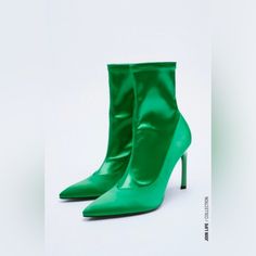 New With Tags Zara Satin Effect Ankle Boots - Heeled Satin Effect Fabric Ankle Boots - Pointed Toe Color Green Size Us 6.5 Heel Height: 3.9 Inches (10cm) Airfit. Flexible Technical Latex Foam Insole, Designed To Offer Greater Comfort. Zara Shoes, Bootie Boots, Heel Height, Ankle Boots, Zara, Size 6, Satin, Women Shoes, Heels