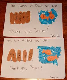 two children's handmade cards with the names of jesus and fish on them