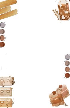 an assortment of makeup products are arranged on a white background, including eyeshades and brushes