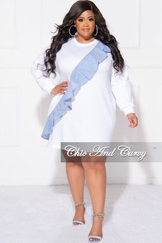 Polyester %: 85 Polyurethane %: 10 Spandex %: 5 Model is wearing 1x Chic And Curvy, Ruffle Sweater, Plus Size Dress, Final Sale, Sweater Dress, White Dress, Spandex, Plus Size, Dresses