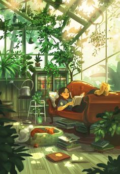 a woman sitting on a couch reading a book in a room with plants and books