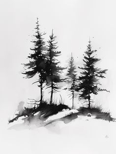 black and white painting of three trees on a snowy hill with the sky in the background