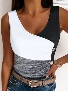 Skinny Sleeveless Contrast Color Elasticity Pleated Split-Joint V-Neck Vest Top WHITE-S Trendy White V-neck Tank Top, White V-neck Vest Top, White Casual V-neck Tank Top, Casual White V-neck Tank Top, Sleeveless Vest, Elevate Your Look, Vest Top, Office Wear, Neck Designs