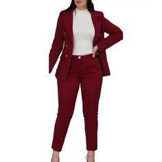 Material: Polyester Style: Office Lady Season: Spring/Summer Elasticity: Slight Stretch Decoration: Button Fit Type: Regular Fit Gender: Women Sleeve Length: Three Quarter Clothing Patterns: Straight Length: Full Length Clothing Length: Regular Collar: Turn-down Collar Closure Type: Single Button Customized: No Elevate your office wardrobe with this chic 2-piece women's office suit set, featuring an elegant blazer paired with high-waist work pants. Designed with the modern professional in mind, Three Quarter Sleeve Blazer, Formal Pant Suits, Women's Office, Office Suit, Blazer Casual, Solid Color Outfits, Womens Office, Elegant Blazers, Straight Clothes