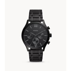 This 44mm Fenmore features a black satin dial with Roman numerals at the six- and 12-hour markers, multifunction movement and a black stainless steel bracelet. Men's Fossil Watches, Mens Wedding Watch, Men’s Accessories, Men’s Jewelry, Black Watch Men, Black Wrist Watch, Black Watches For Men, Watch Boy, All Black Watches