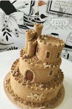 a sand castle cake on a white plate