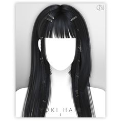 an anime character with long black hair and spikes on her head, in front of a white background