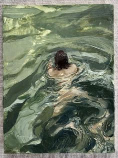 a painting of a woman swimming in the water with her back turned to the camera