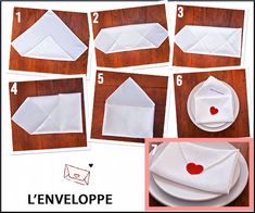 instructions to make an envelope out of napkins with hearts on the front and side