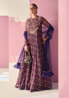 Ridhi Mehra-Saaja Navy Anarkali And Dupatta-INDIASPOPUP.COM Yellow Anarkali, Blue Anarkali, Ridhi Mehra, Pink Anarkali, Long Anarkali, Embroidered Crop Tops, Draped Blouse, Embroidered Bodice, Chiffon Dupatta